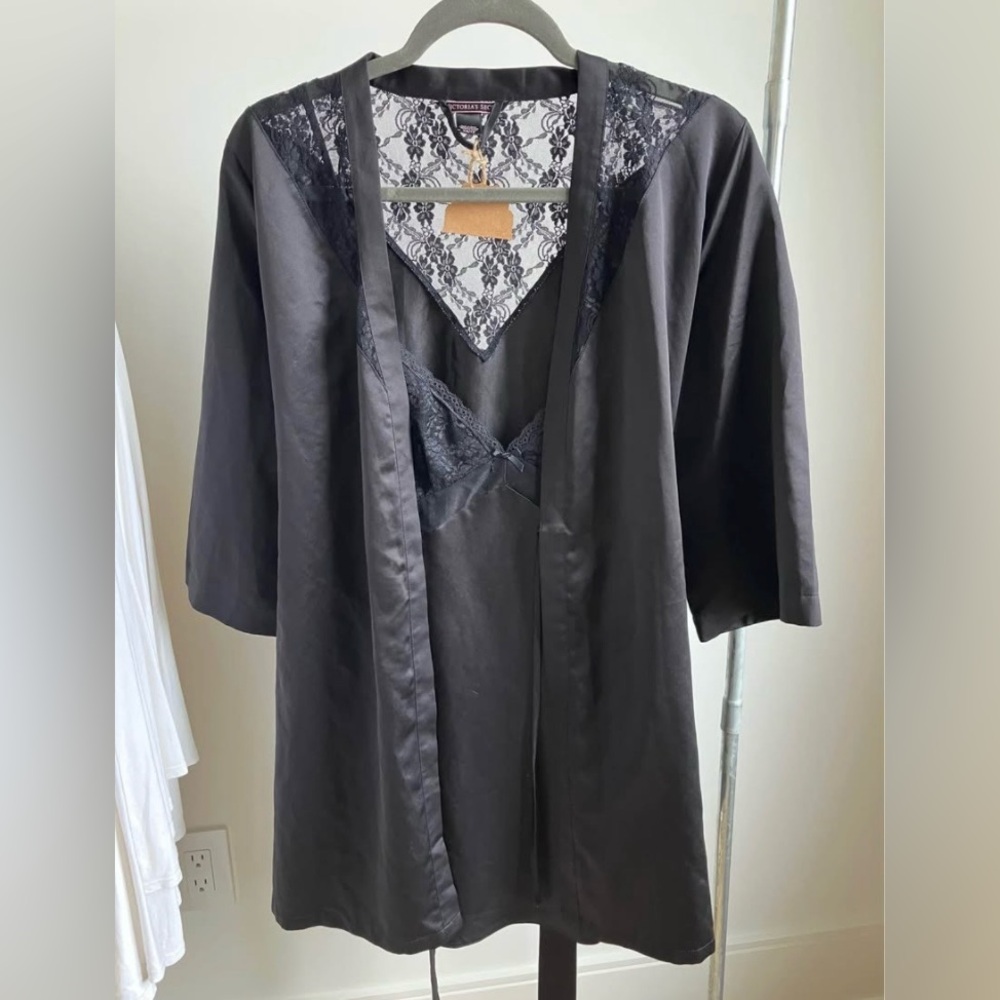 Victoria's Secret Black Lace Robe and Nightgown Set